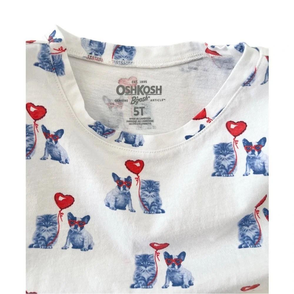 OshKosh B'gosh White and Blue Puppy & Kitten with Red Heart Print Tee | Girls 5T